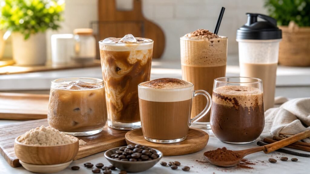 Assorted protein coffee recipes in glasses and mugs