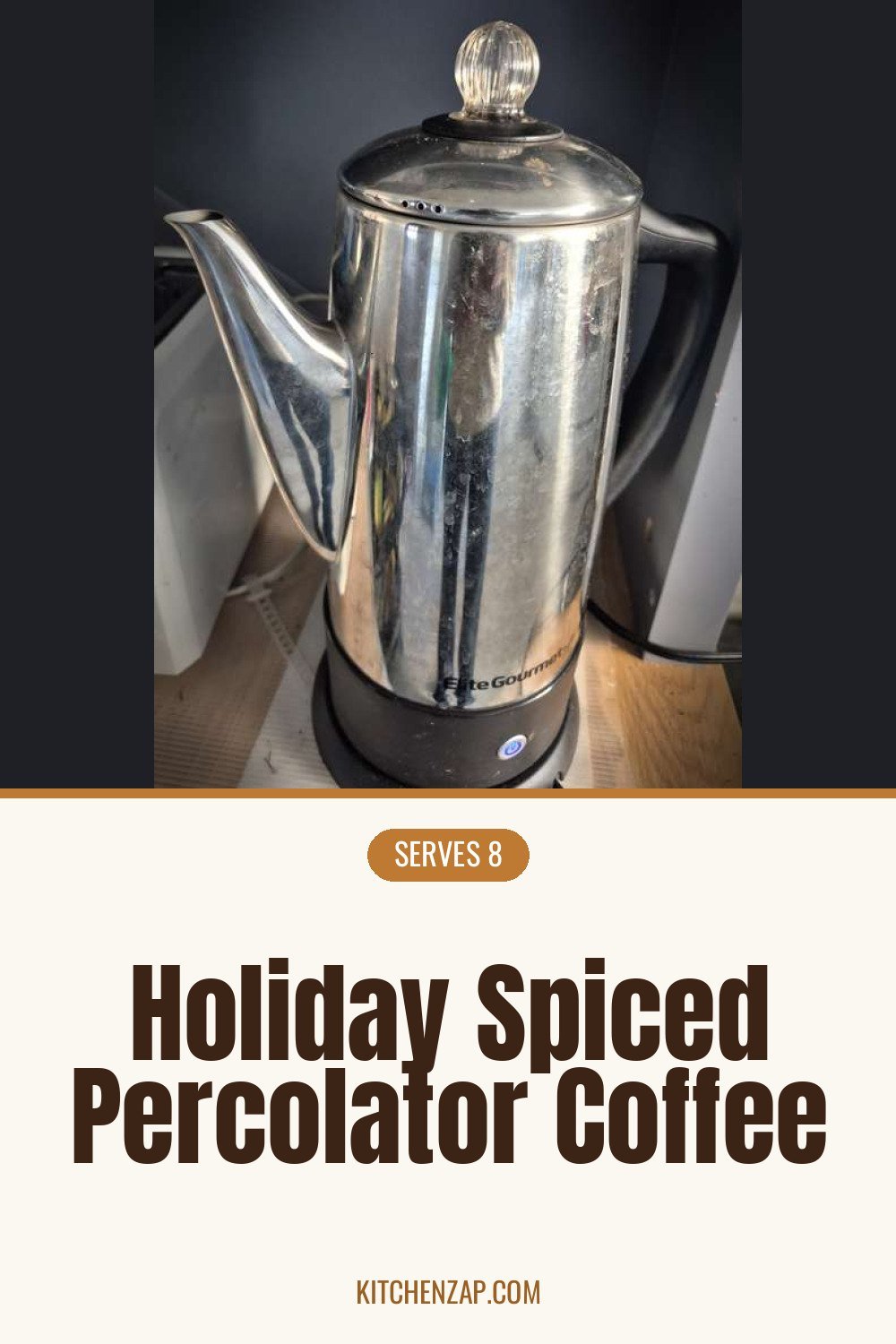 Holiday spiced percolator coffee pin with a stainless steel electric percolator